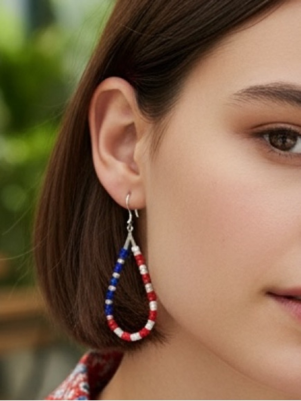 HAND CRAFTED PATRIOTIC BEADED TEARDROP HOOP EARRINGS Red White Blue 4th of July